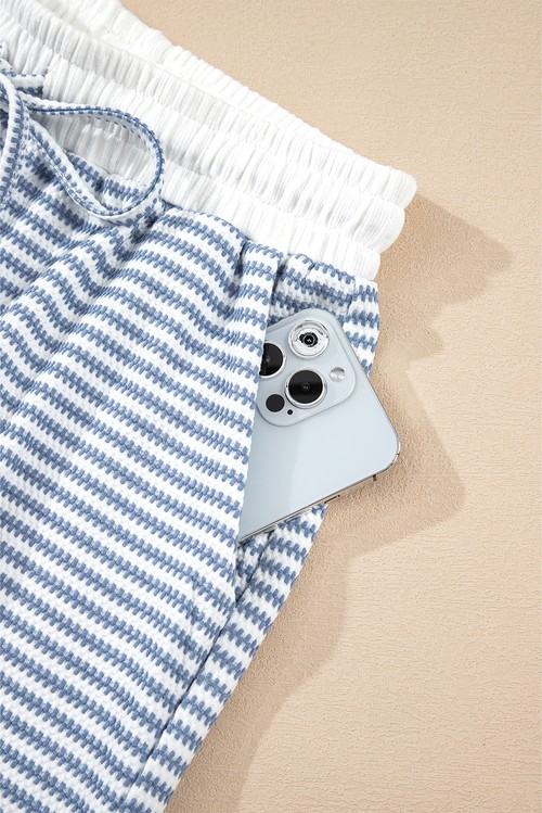Myosotis Contrast Trim Striped Vest Drawstring Shorts Set