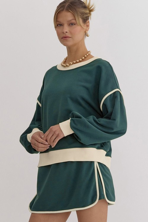 Evergreen Color Contrast Loose Pullover and Lace up Waist Skort