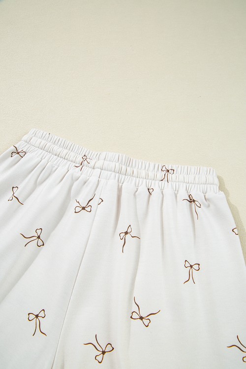 Beige Bow Print Half Zip Tank and Shorts 2pcs Set
