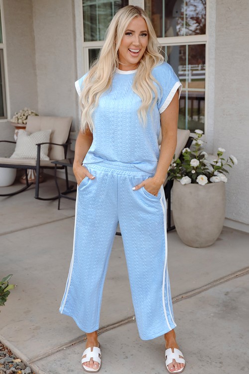 Beau Blue Textured Colorblock Edge Tank Top High Waist Pants