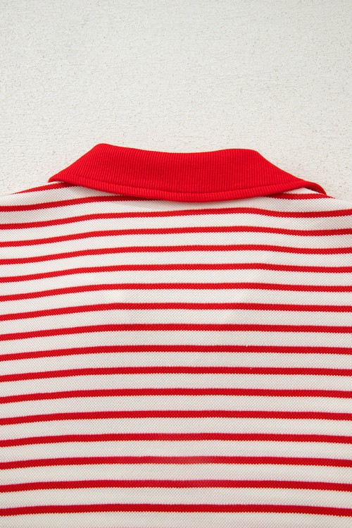 Red Stripe Collared V Neck Drop Shoulder Pullover and Skort