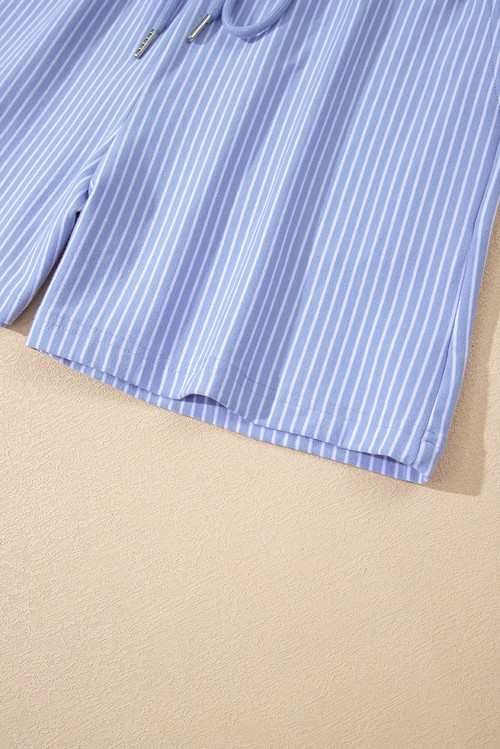 Sky Blue Stripe Dolman Sleeve Polo Shirt and Drawstring Shorts
