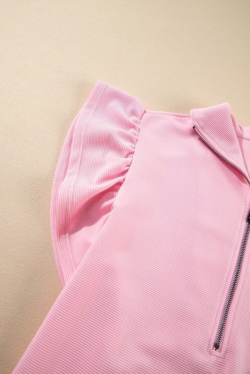 Pink Textured Ruffled Sleeve Zipped Top and Wide Leg Pants