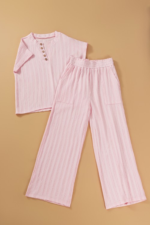 Light Pink Textured Short Sleeve Henley Top and Pocketed Wide