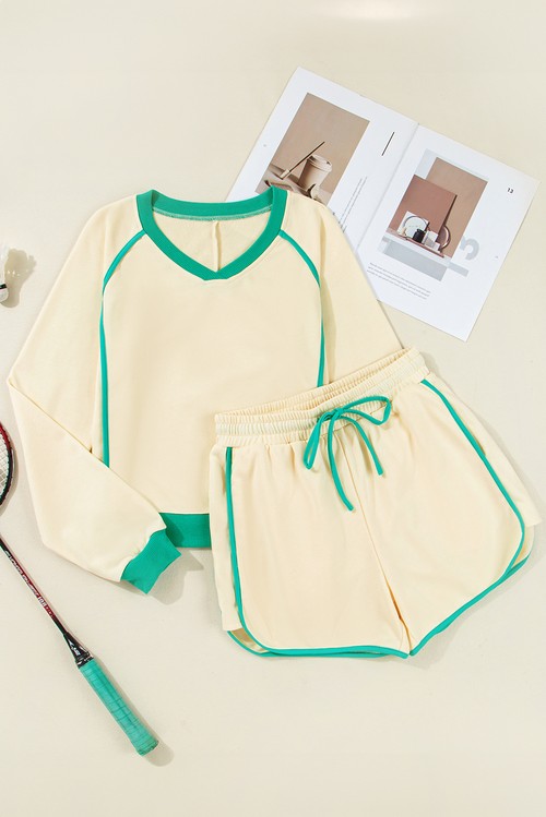 White Contrast Trim Colorblock Long Sleeve Pullover and Drawstring Shorts