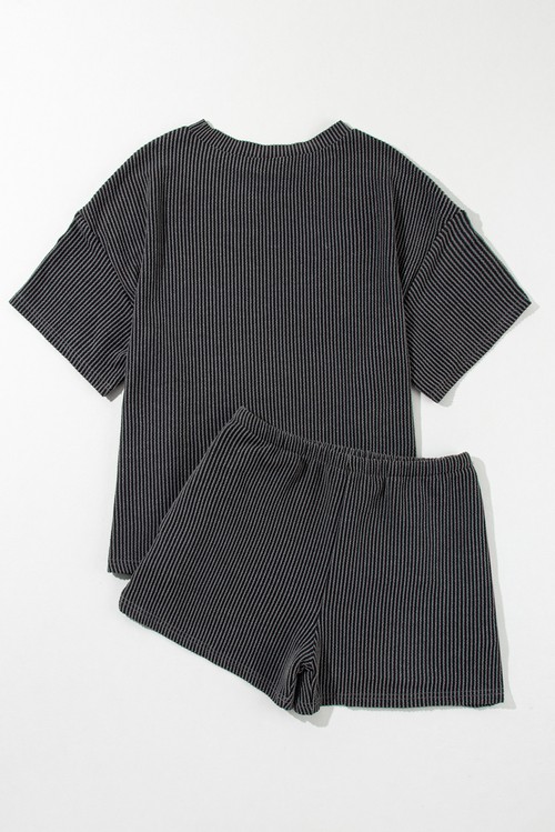 Carbon Grey Ribbed Textured Knit Loose Fit Tee and Shorts