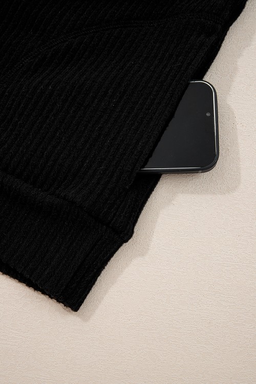 Black Ribbed Zip Stand Neck Drop Shoulder Pullover Bodycon Skirt