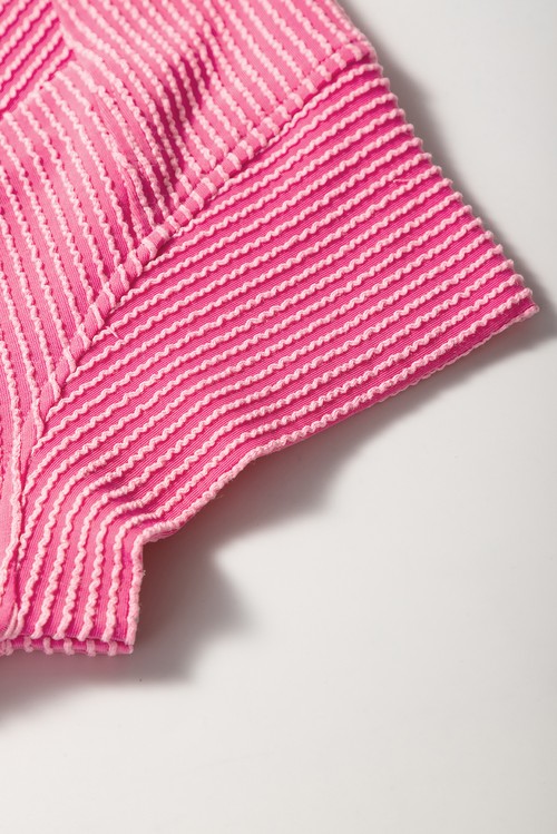 Bright Pink Solid Corded Knit Short Sleeve T Shirt and