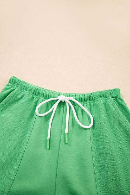 Mint Green V Neck Drop Shoulder Tee and Patchwork Drawstring
