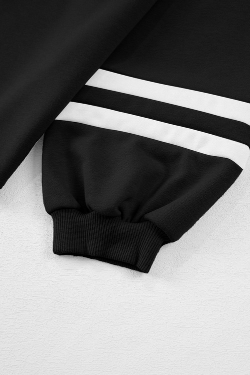 Black Varsity Stripe Patchwork Puff Sleeve Pullover Drawstring Wide Leg