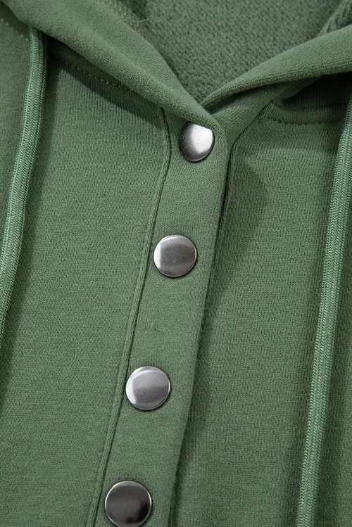 Mist Green Button Drawstring Hooded Pullover and Casual Short Set