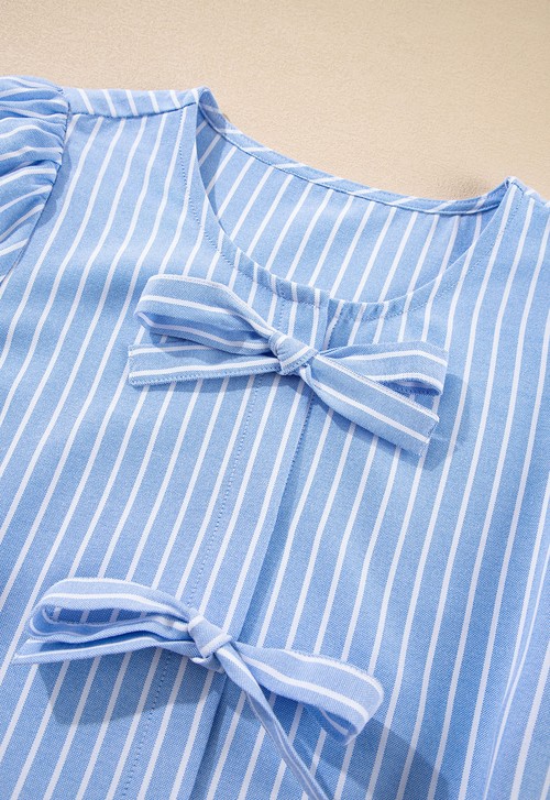 Sky Blue Striped Bowknot Detail Puffy Sleeve Top and Shorts