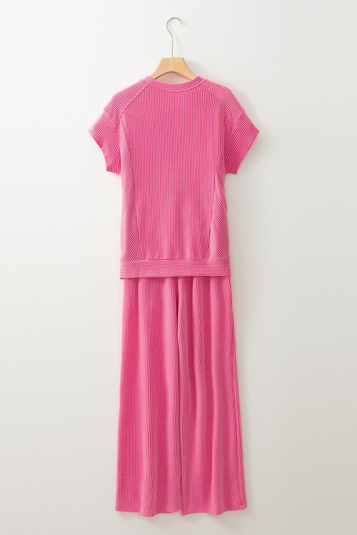 Bright Pink Solid Corded Knit Short Sleeve T Shirt and