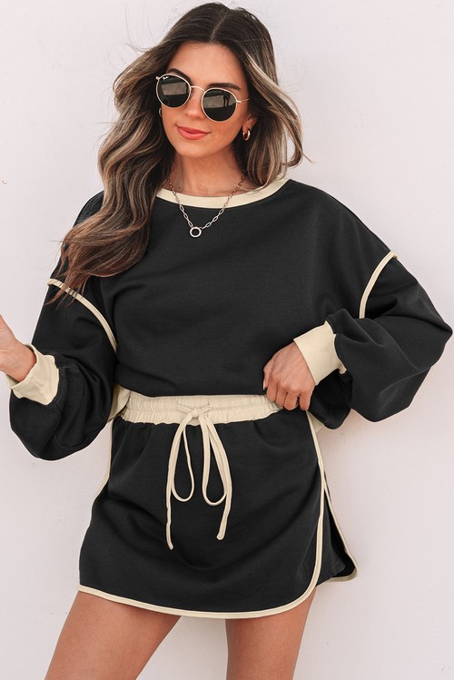 Black Color Contrast Loose Pullover and Lace up Waist Skort