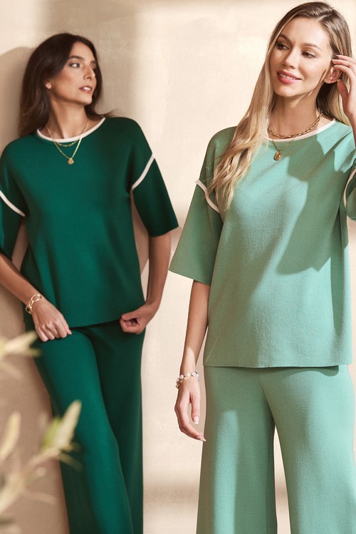 Canton Contrast Trim Half Sleeve Top Drawstring Pants Loose 2pcs