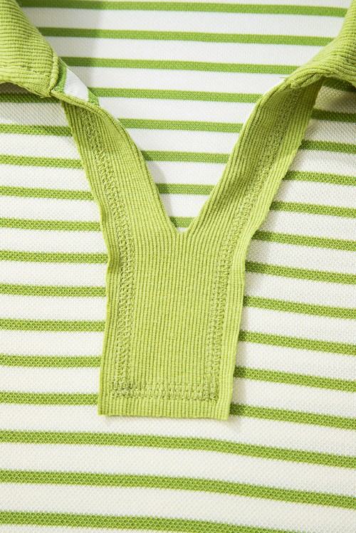 Green Stripe Collared V Neck Drop Shoulder Pullover and Skort
