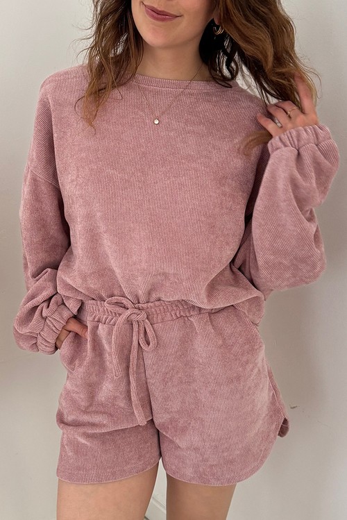 Fushia Solid Color Textured Knit Drop Shoulder Pullover Drawstring Shorts