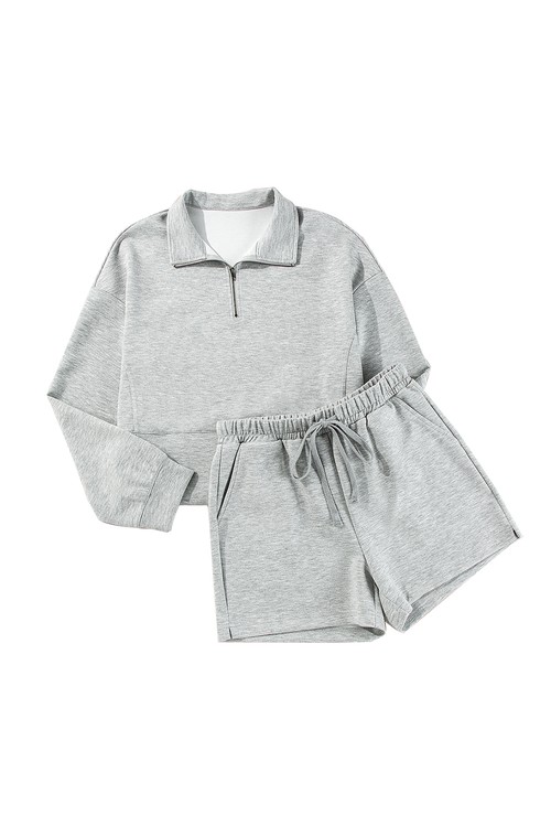 Light Grey Stand Neck Zipped Sweatshirt and Shorts Set