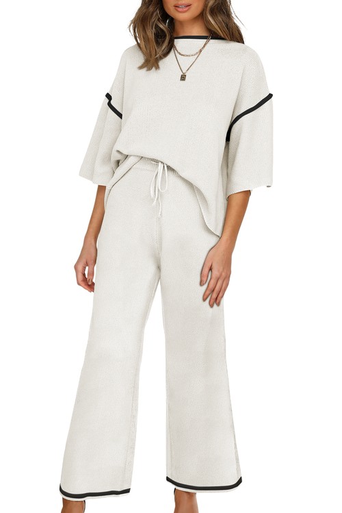 White Contrast Trim Half Sleeve Top Drawstring Pants Loose 2pcs