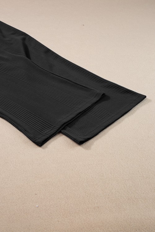 Black Solid Color Ribbed Ruffle Tank Top and Pants Set