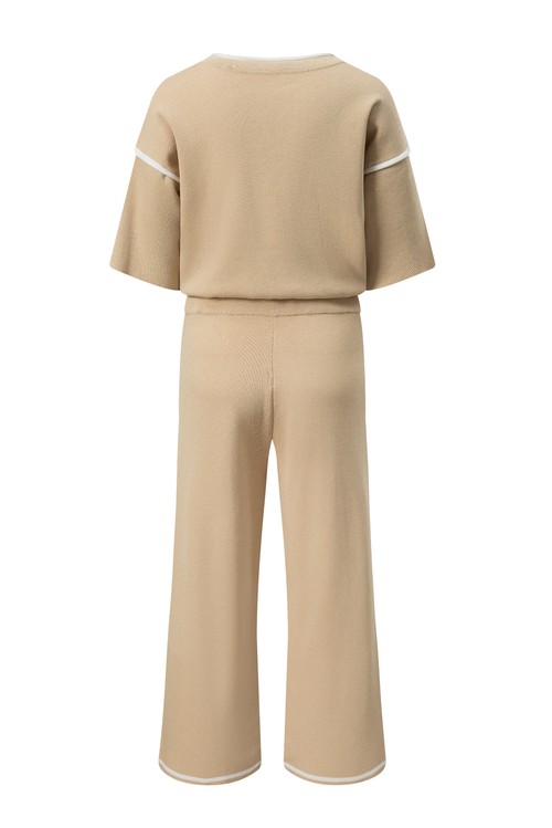 Camel Contrast Trim Half Sleeve Top Drawstring Pants Loose 2pcs