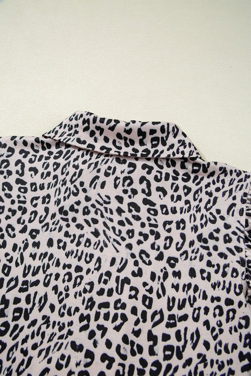 Brown Leopard Half Zipper Collared Ruffled Sleeve Top and Short