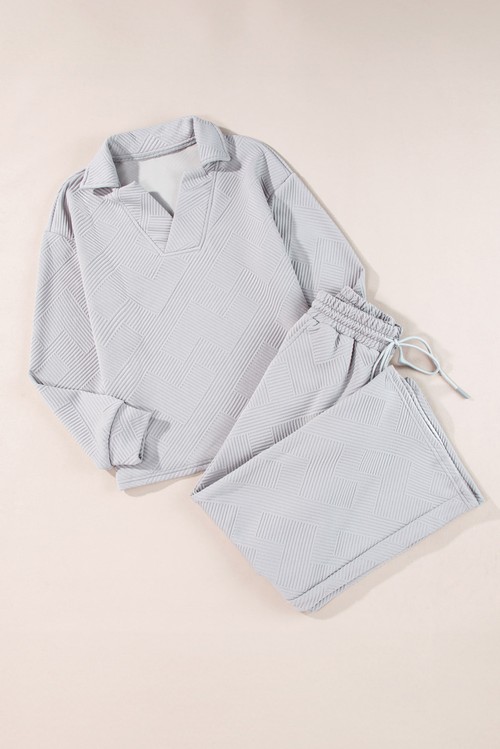 Light Grey Solid Textured Collared V Neck Top and Wide