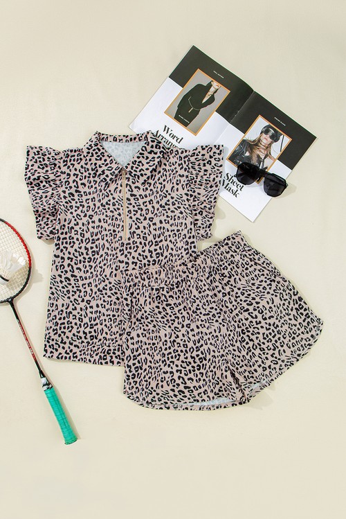 Brown Leopard Half Zipper Collared Ruffled Sleeve Top and Short