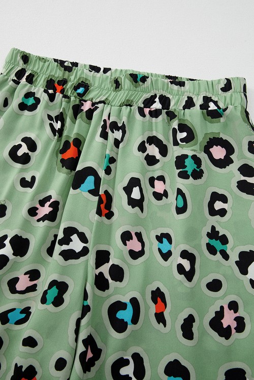 Green Leopard Print Short Sleeve Shirt and Wide Leg Pants