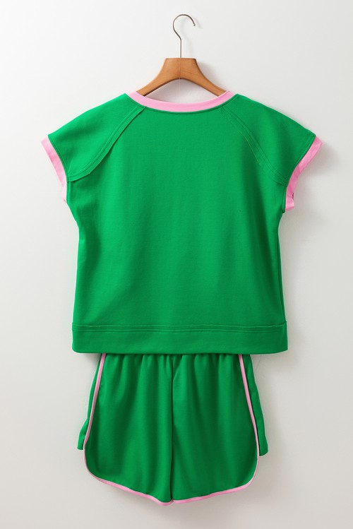 Bright Green Two Tone Contrast Textured Crewneck Tee and Shorts