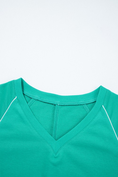 Dark Green Colorblock Trim V Neck Pullover Top and Shorts
