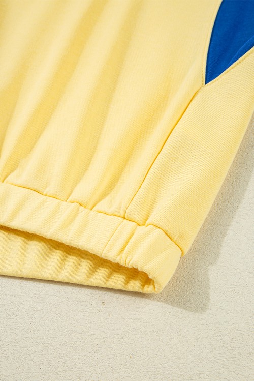 Yellow Color Block Patchwork Half Button Pullover and Shorts 2pcs