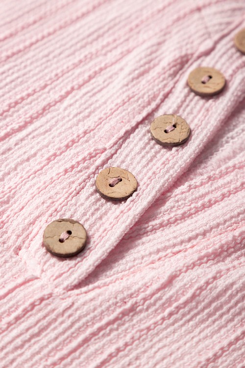 Light Pink Textured Short Sleeve Henley Top and Pocketed Wide