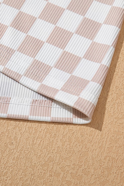 White Ribbed Texture Checkered Print 2pcs Tank and Pants Set