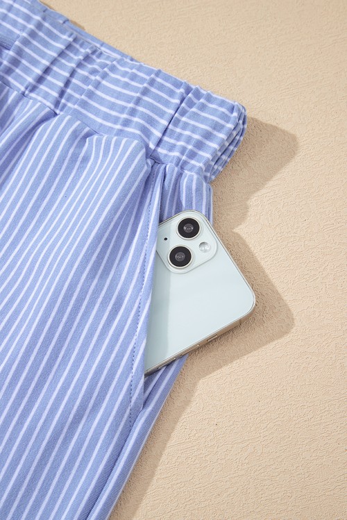 Sky Blue Stripe Dolman Sleeve Polo Shirt and Drawstring Shorts