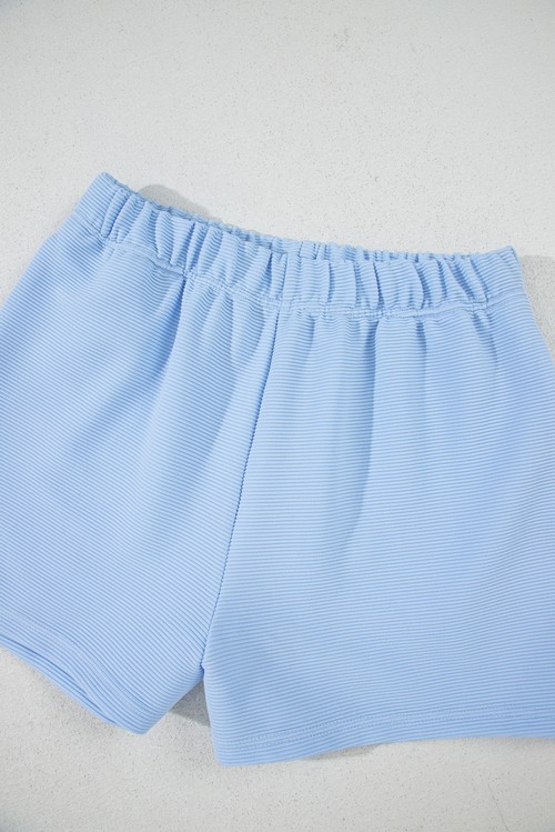 Beau Blue Ribbed Texture Half Zip Ruffled Short Sleeve Top