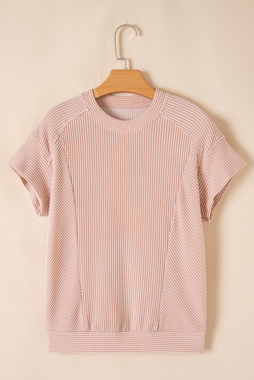 Smoke Gray Solid Corded Knit Short Sleeve T Shirt and