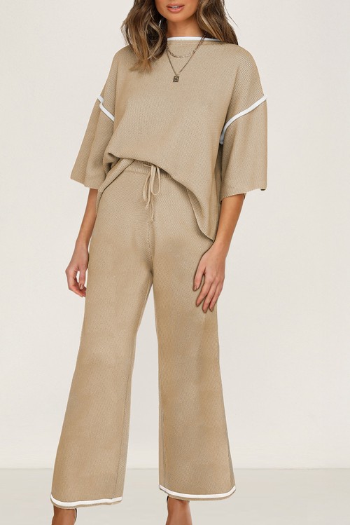 Camel Contrast Trim Half Sleeve Top Drawstring Pants Loose 2pcs