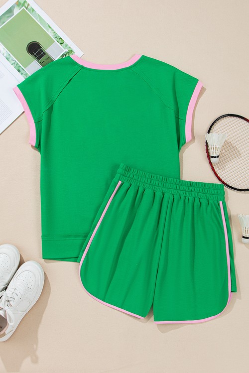Bright Green Two Tone Contrast Textured Crewneck Tee and Shorts