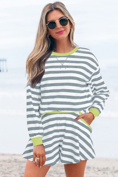 Gray Stripe Contrast Ribbed Banding Long Sleeve Blouse Loose Shorts