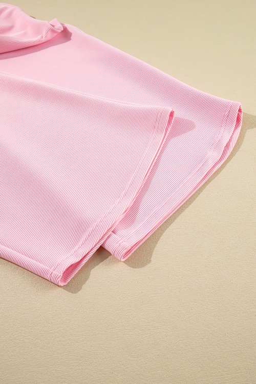 Pink Textured Ruffled Sleeve Zipped Top and Wide Leg Pants