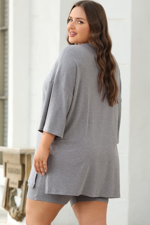 Light Grey Solid Color Loose Tunic Top and Slim Shorts