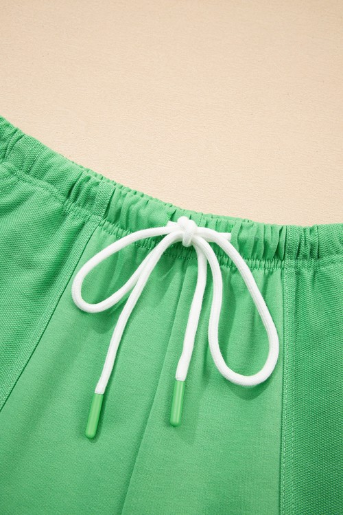 Mint Green V Neck Drop Shoulder Tee and Patchwork Drawstring