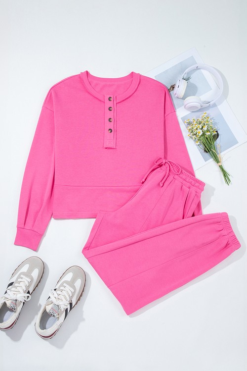 Bright Pink Raw Edge Half Buttons Pullover and Jogger Pants