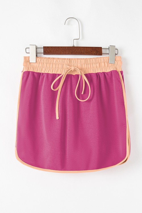 Rose Red Color Contrast Loose Pullover and Lace up Waist