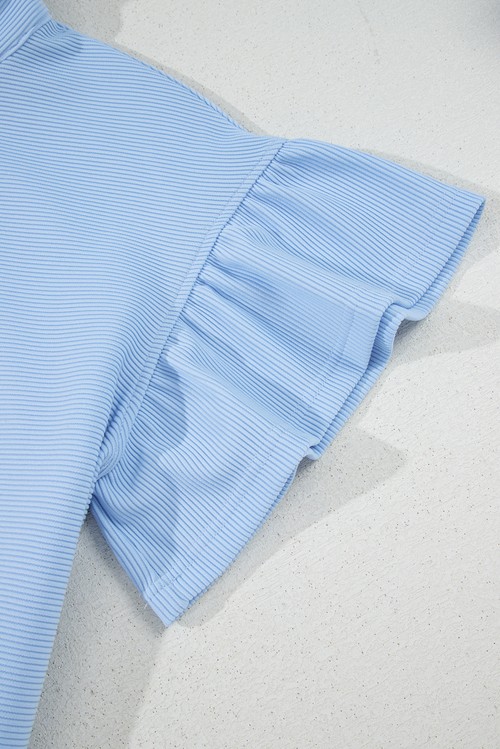 Beau Blue Ribbed Texture Half Zip Ruffled Short Sleeve Top