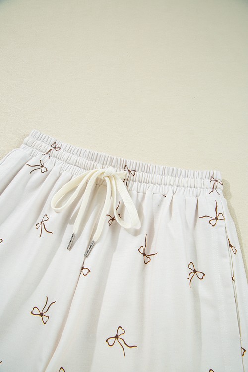 Beige Bow Print Half Zip Tank and Shorts 2pcs Set