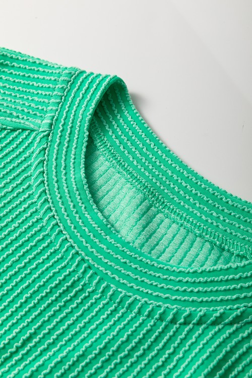 Bright Green Solid Corded Knit Short Sleeve T Shirt and