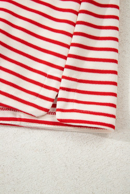 Red Stripe Collared V Neck Drop Shoulder Pullover and Skort