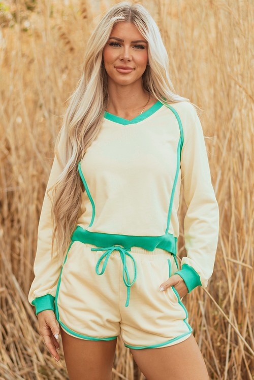 White Contrast Trim Colorblock Long Sleeve Pullover and Drawstring Shorts